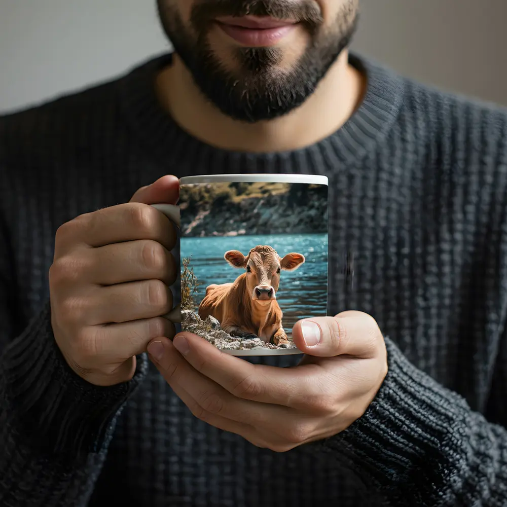 Young Calf Resting By Mountain Lake – Mugs