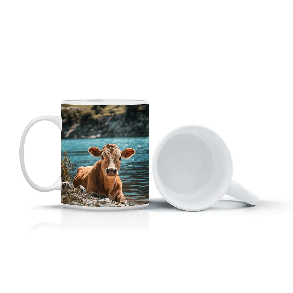 Young Calf Resting By Mountain Lake – Mugs