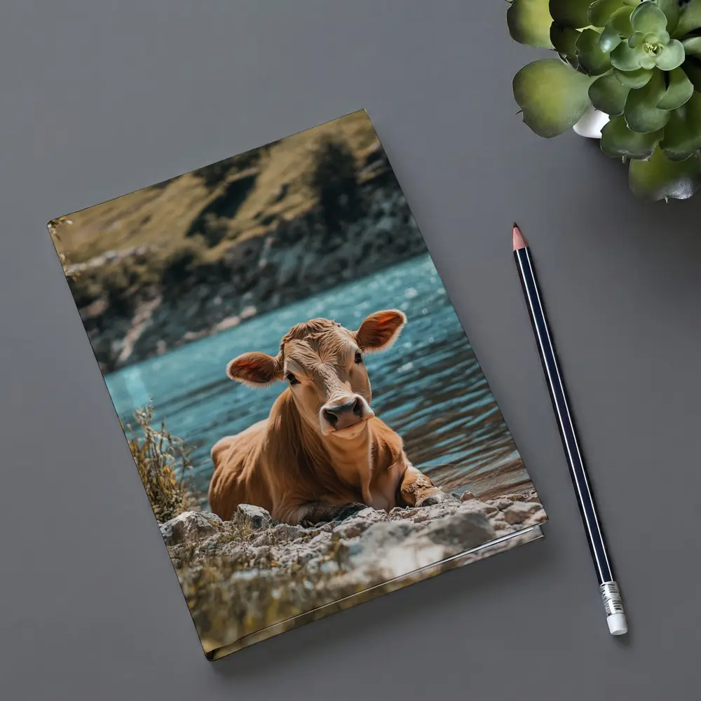 Young Calf Resting By Mountain Lake – Notebooks