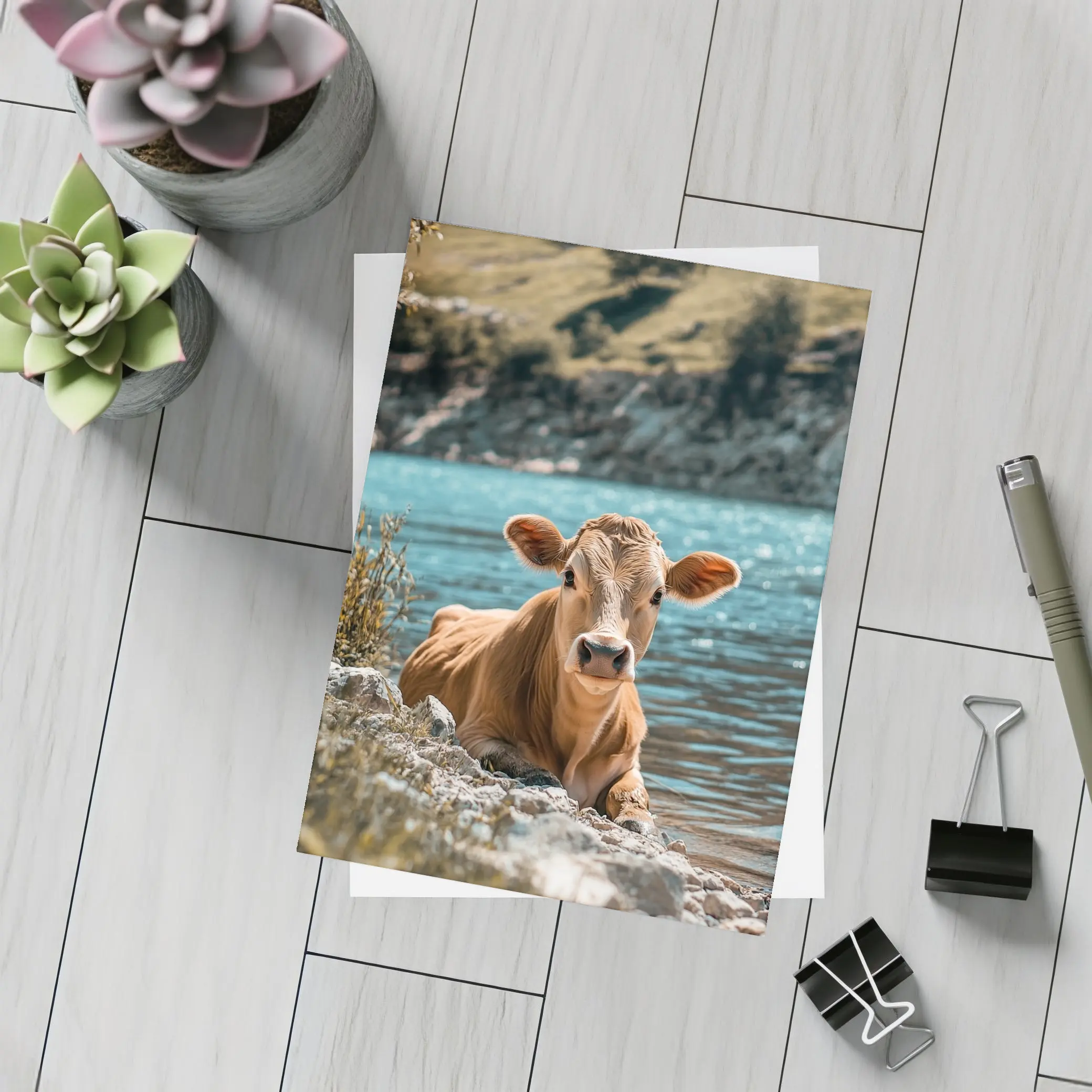Young Calf Resting By Mountain Lake – Postcards