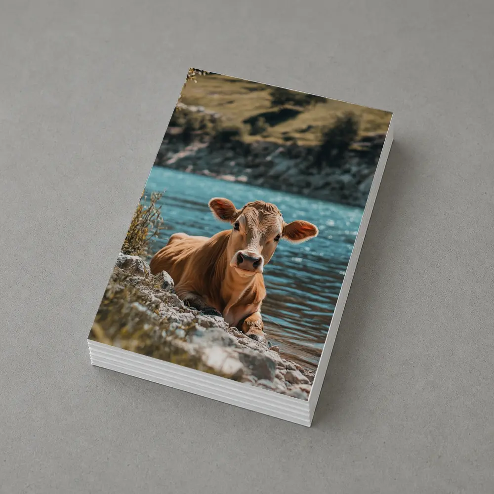 Young Calf Resting By Mountain Lake – Postcards