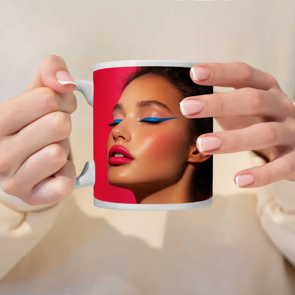 Bold Pop Art Makeup Woman Pink Background – Mugs