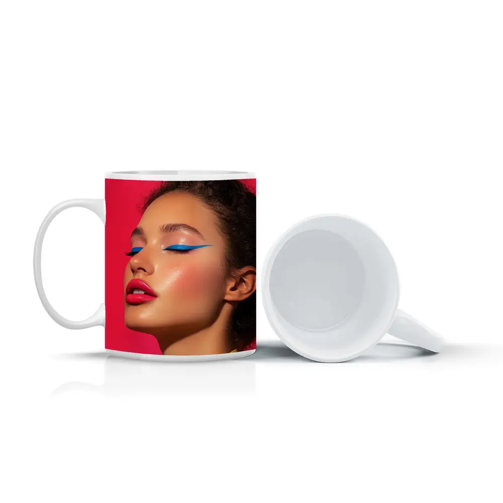 Bold Pop Art Makeup Woman Pink Background – Mugs