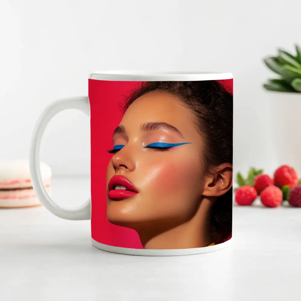 Bold Pop Art Makeup Woman Pink Background – Mugs