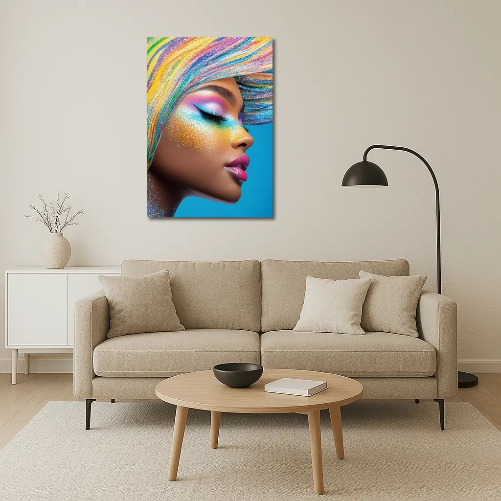 Rainbow Glitter Makeup Woman Blue Background – Wall Art