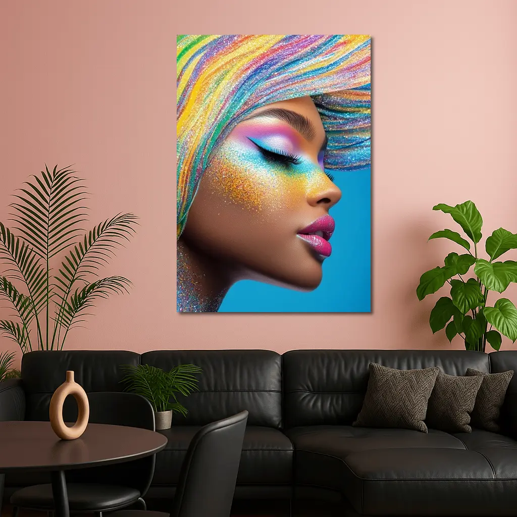 Rainbow Glitter Makeup Woman Blue Background – Wall Art