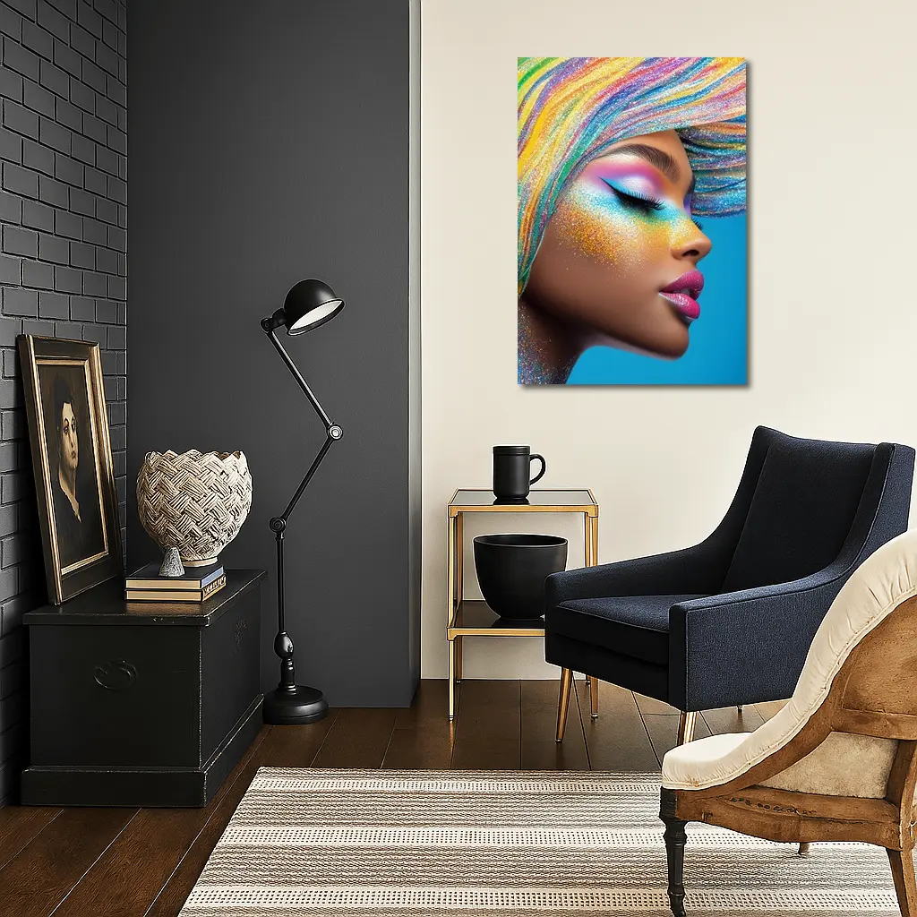 Rainbow Glitter Makeup Woman Blue Background – Wall Art