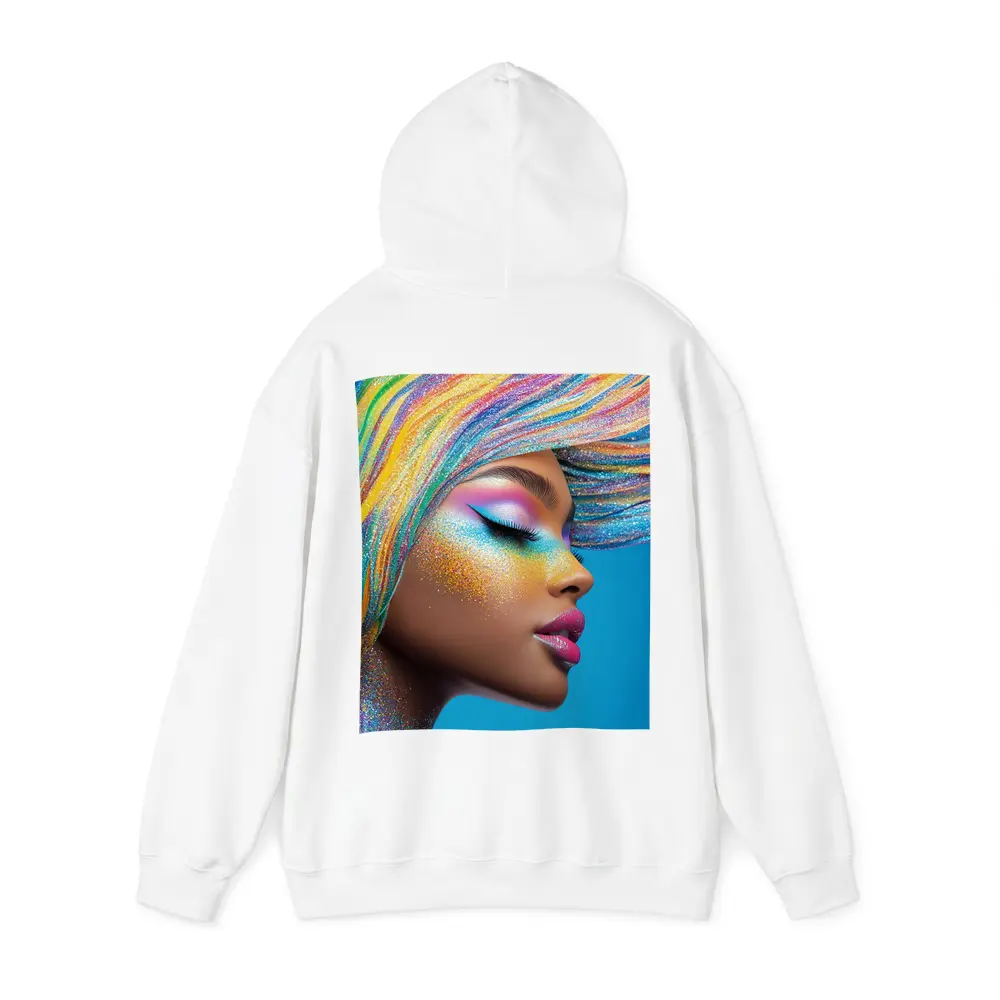 Rainbow Glitter Makeup Woman Blue Background – Hoodies