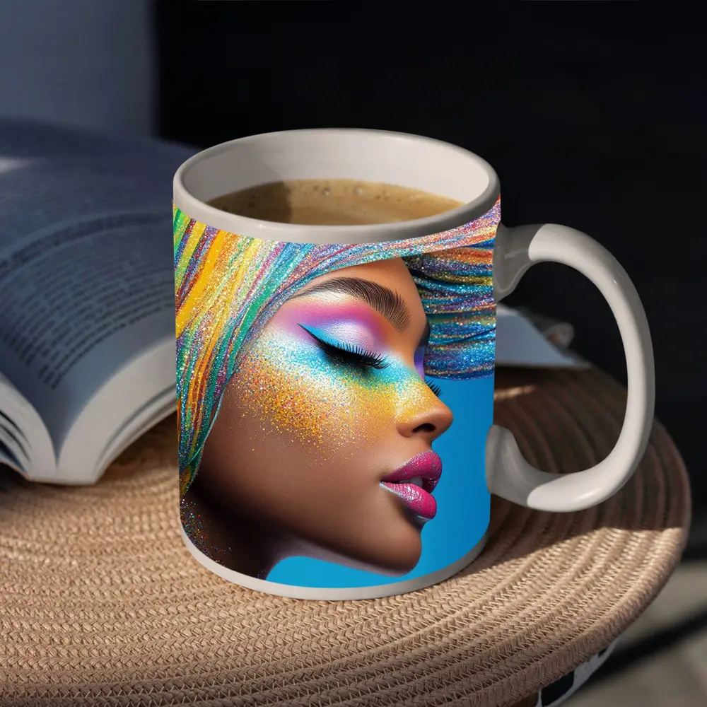 Rainbow Glitter Makeup Woman Blue Background – Mugs