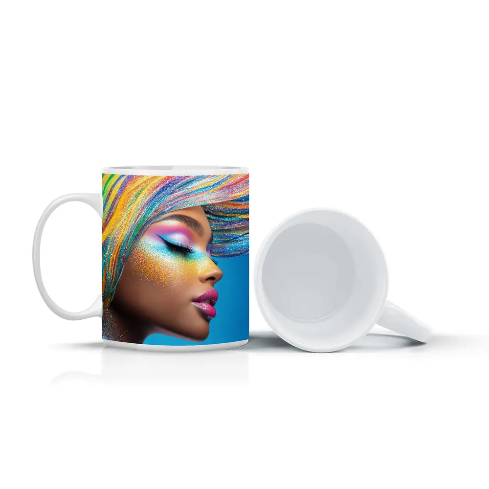 Rainbow Glitter Makeup Woman Blue Background – Mugs