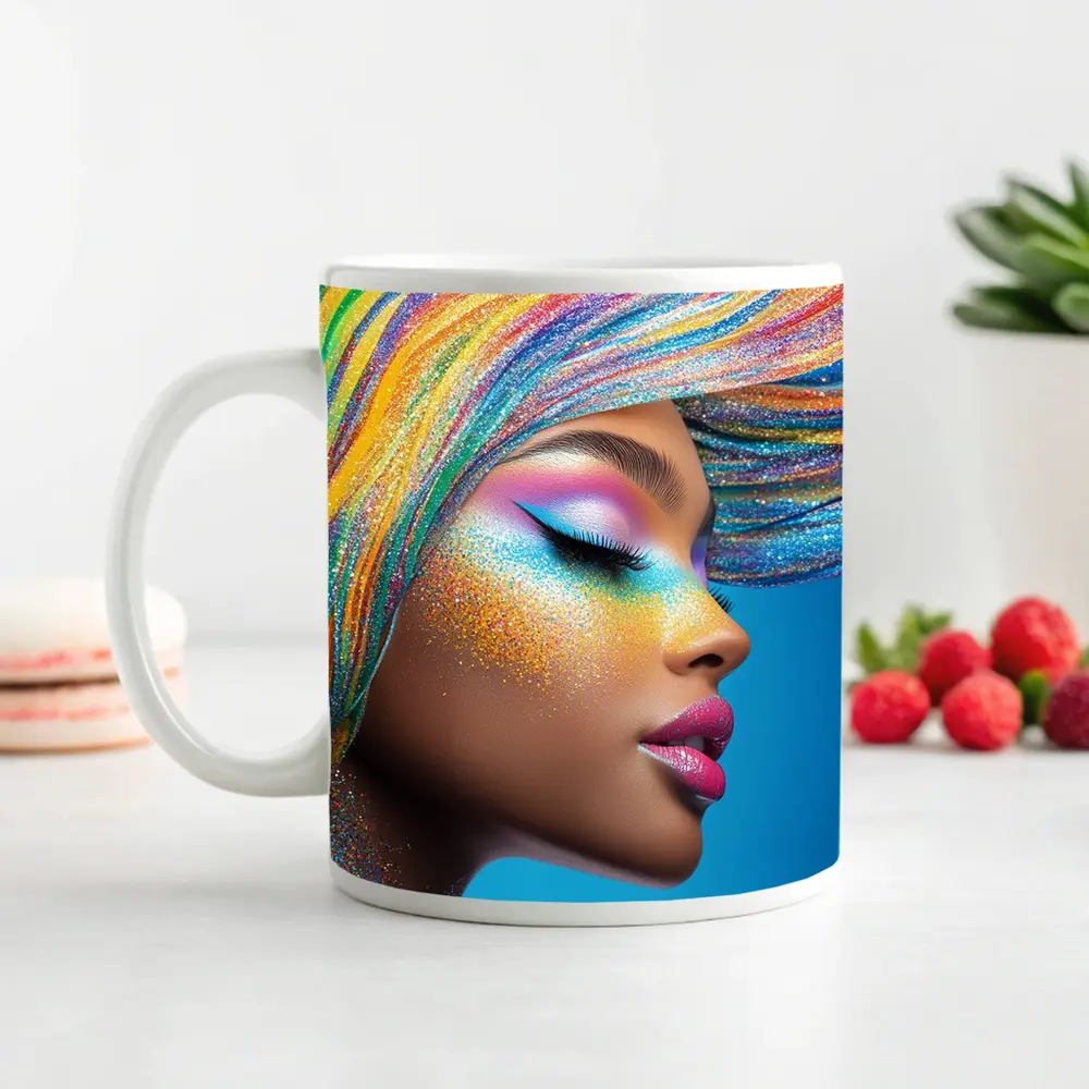 Rainbow Glitter Makeup Woman Blue Background – Mugs