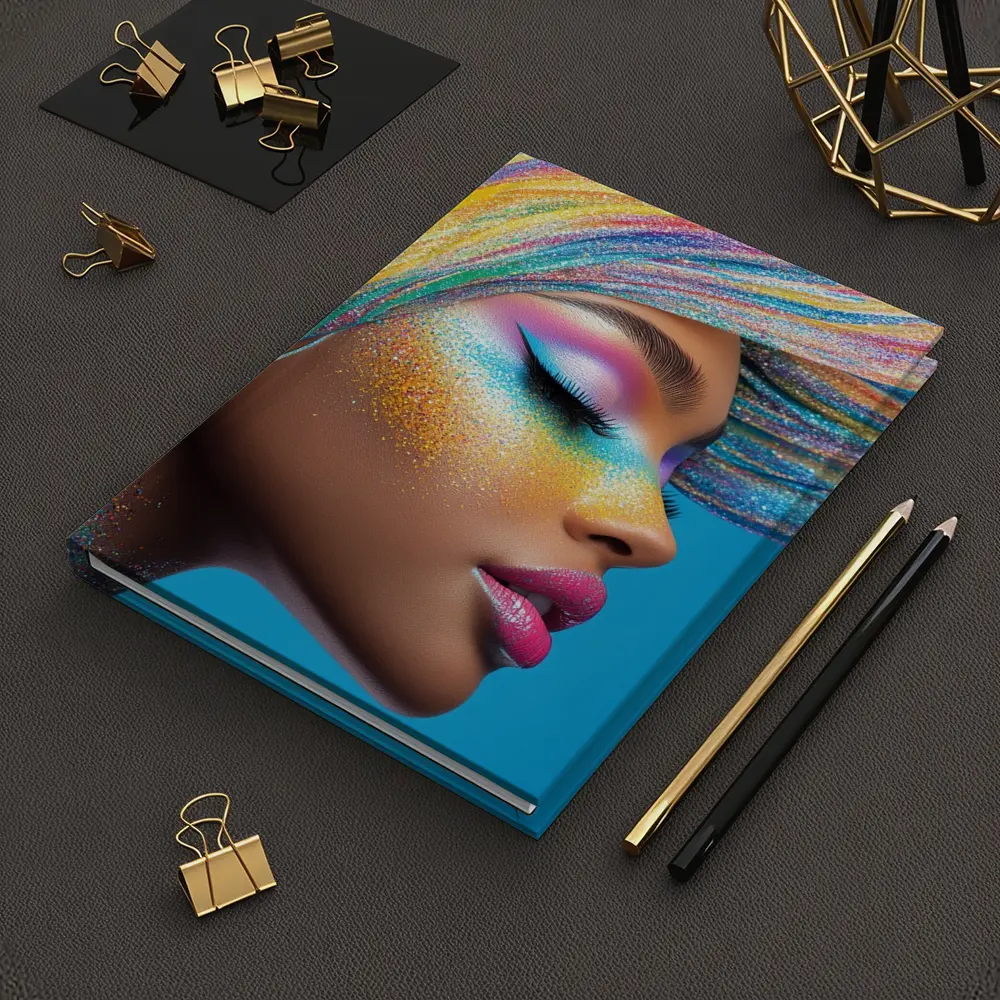 Rainbow Glitter Makeup Woman Blue Background – Notebooks