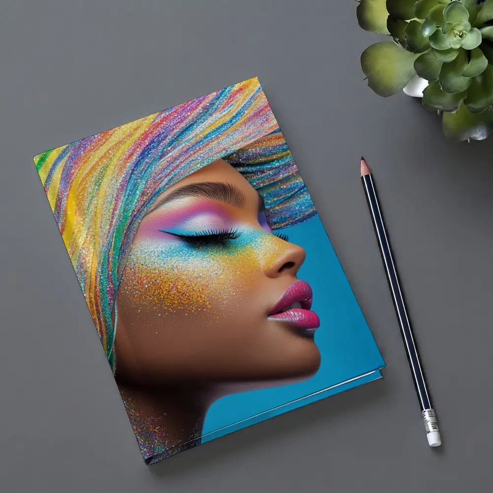 Rainbow Glitter Makeup Woman Blue Background – Notebooks