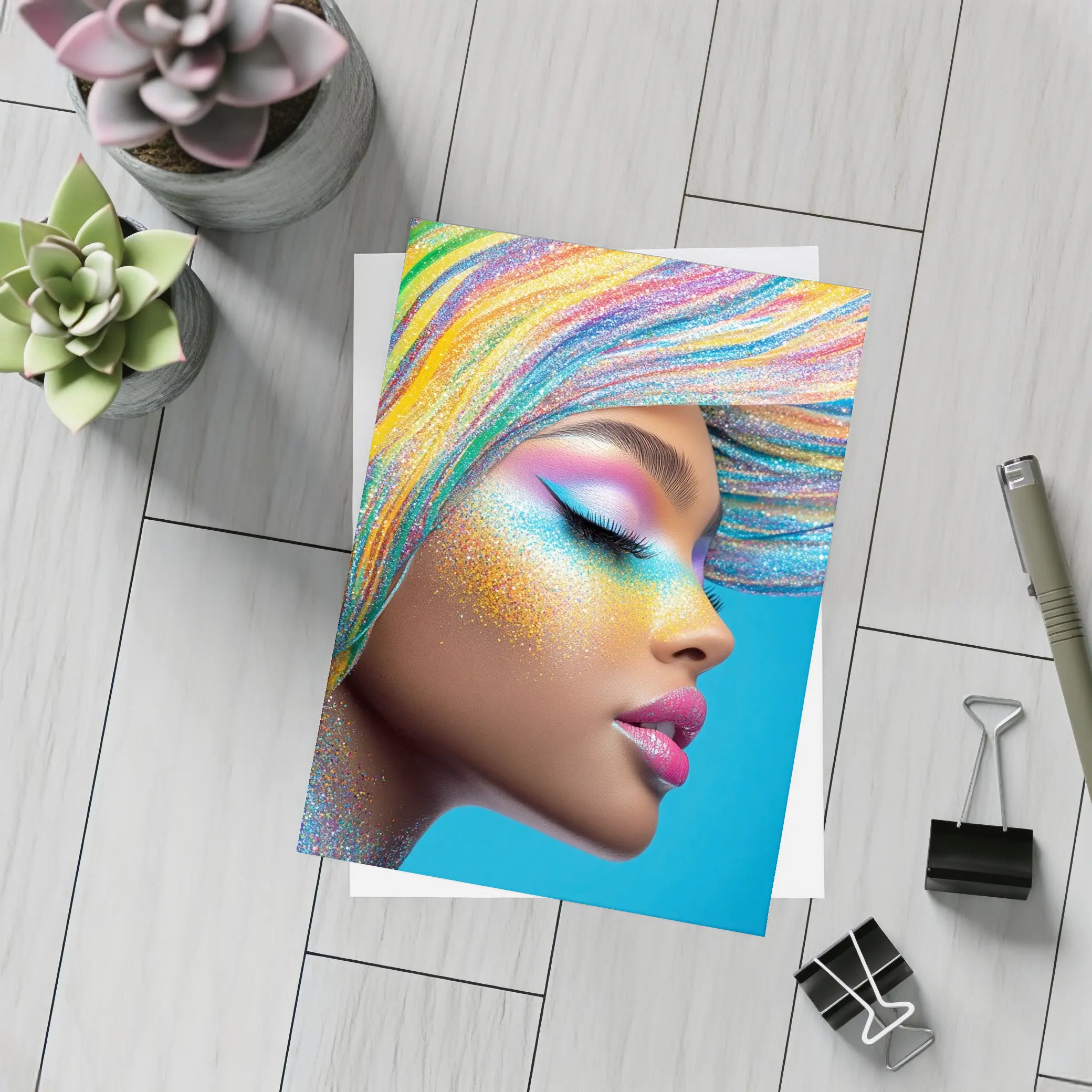 Rainbow Glitter Makeup Woman Blue Background – Postcards