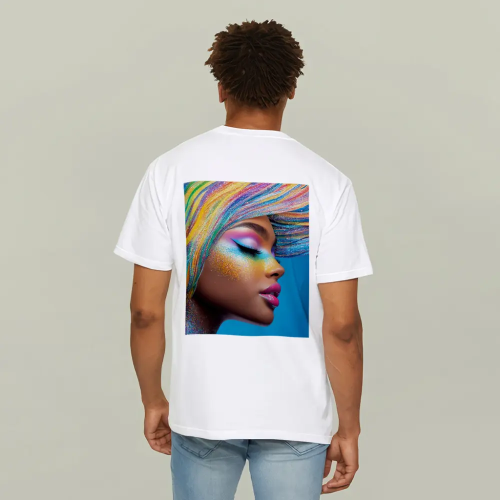 Rainbow Glitter Makeup Woman Blue Background – T-Shirts