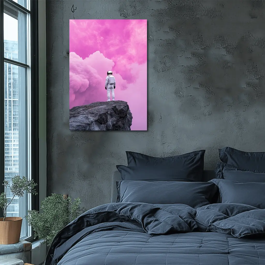 Astronaut Standing On Rock Pink Sky – Wall Art