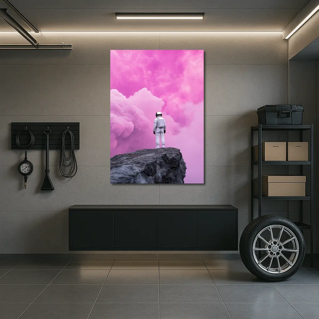 Astronaut Standing On Rock Pink Sky – Wall Art