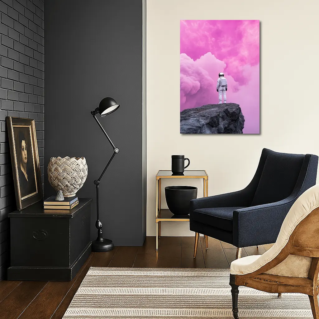 Astronaut Standing On Rock Pink Sky – Wall Art