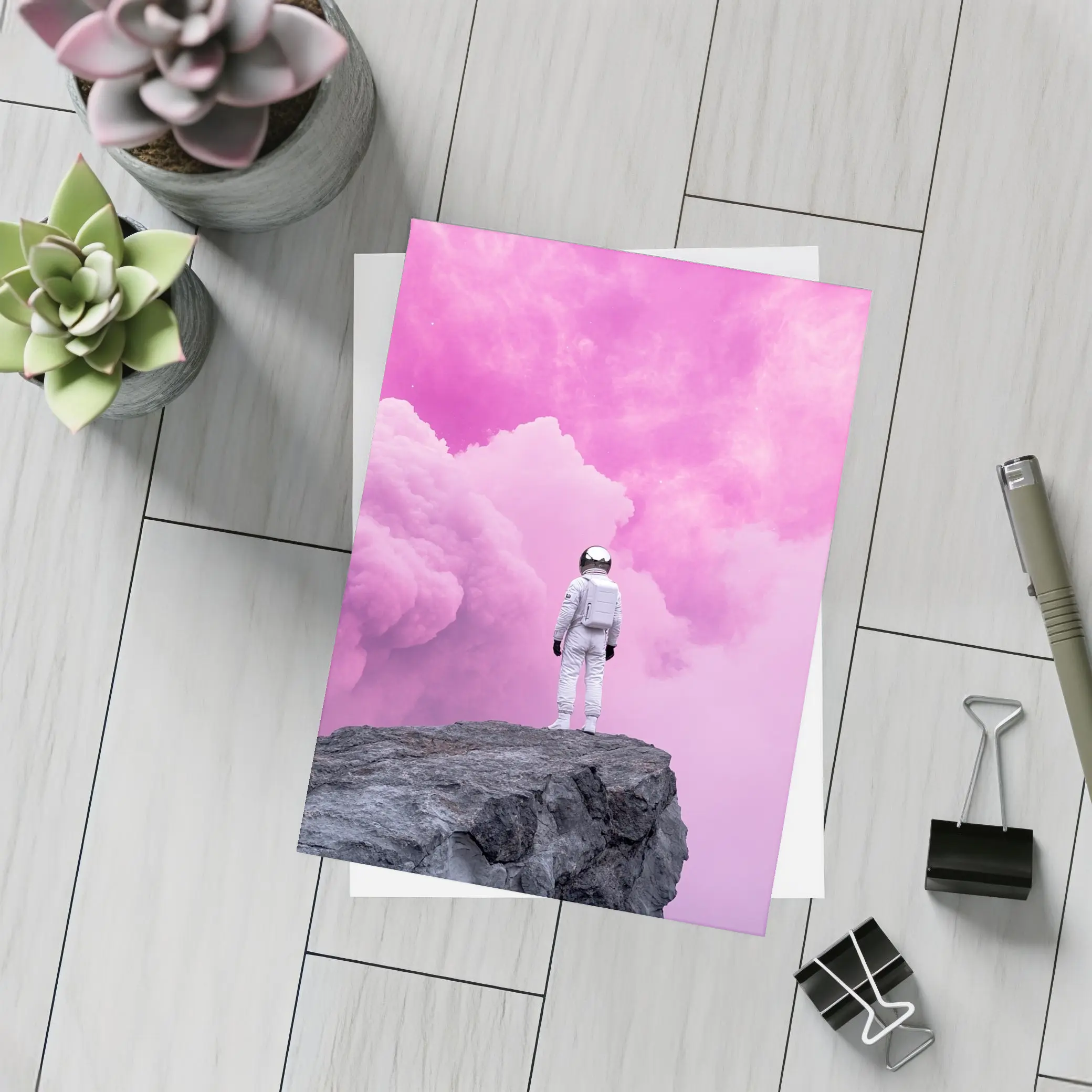 Astronaut Standing On Rock Pink Sky – Postcards