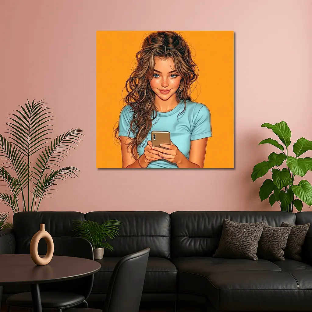 Smiling Girl With Phone Orange Background – Wall Art