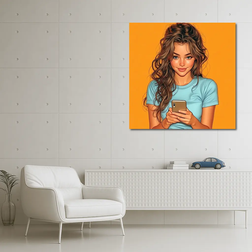Smiling Girl With Phone Orange Background – Wall Art