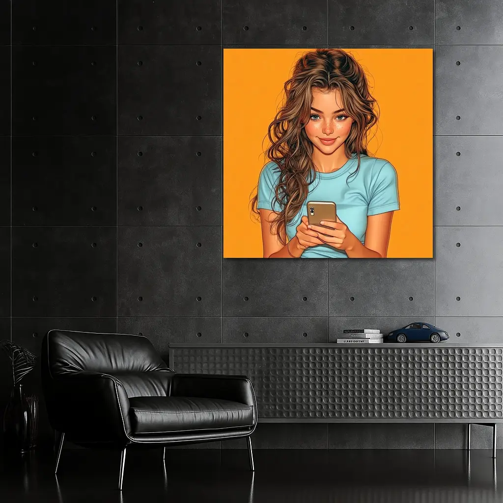 Smiling Girl With Phone Orange Background – Wall Art