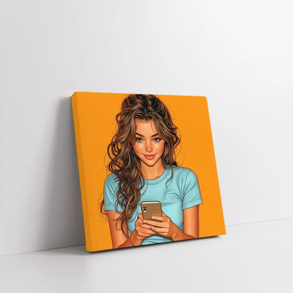 Smiling Girl With Phone Orange Background – Wall Art