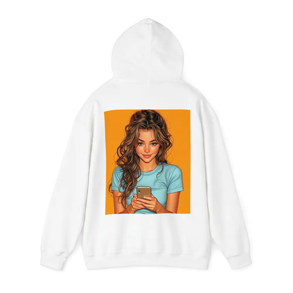 Smiling Girl With Phone Orange Background – Hoodies