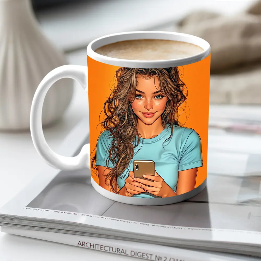 Smiling Girl With Phone Orange Background – Mugs
