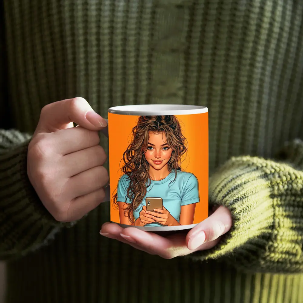 Smiling Girl With Phone Orange Background – Mugs