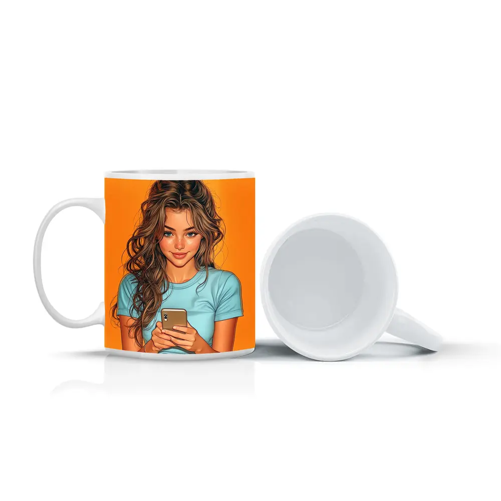 Smiling Girl With Phone Orange Background – Mugs