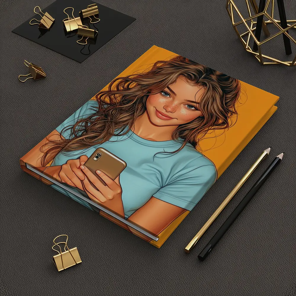 Smiling Girl With Phone Orange Background – Notebooks