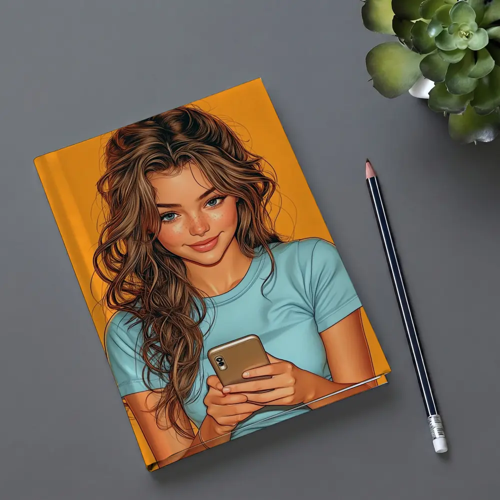 Smiling Girl With Phone Orange Background – Notebooks