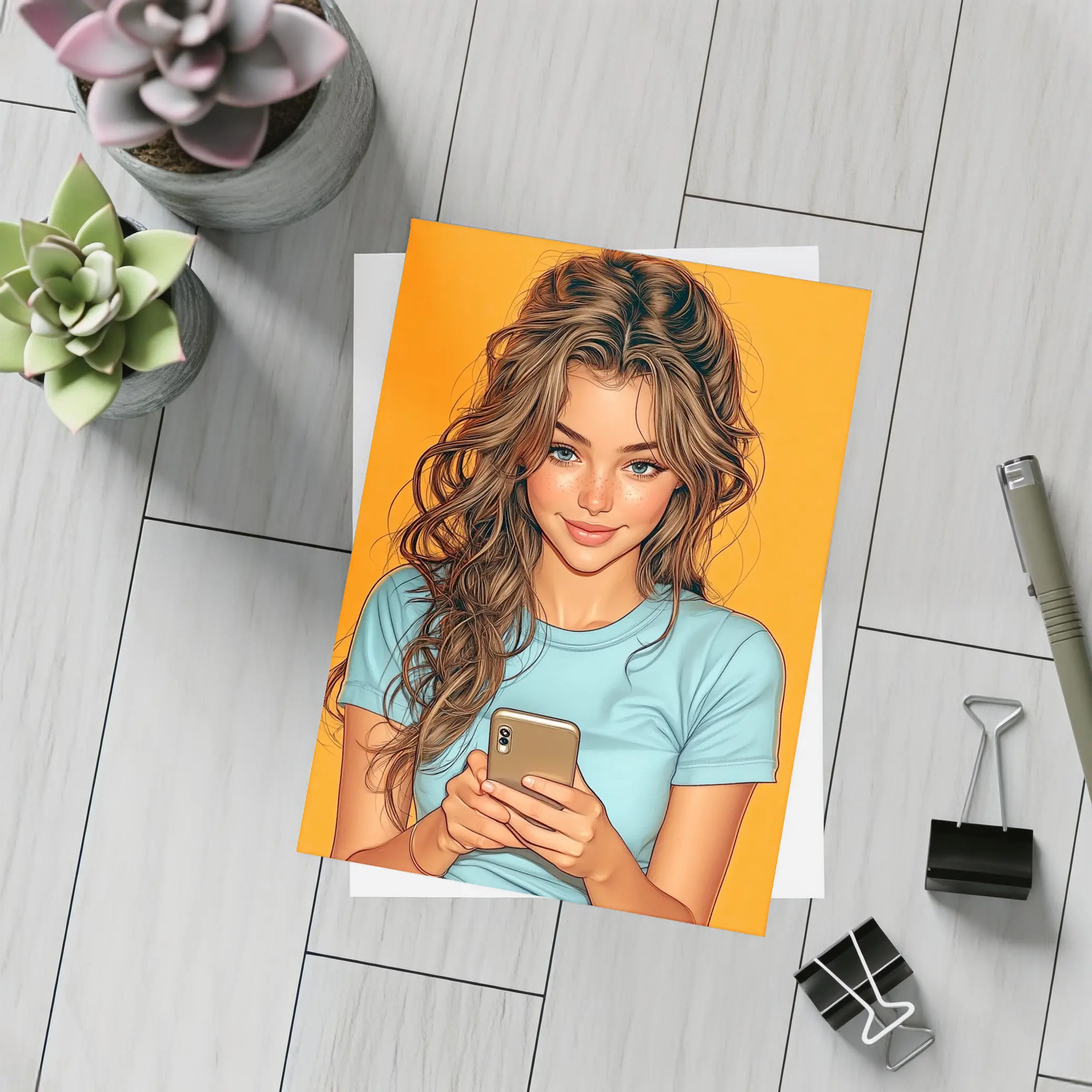 Smiling Girl With Phone Orange Background – Postcards