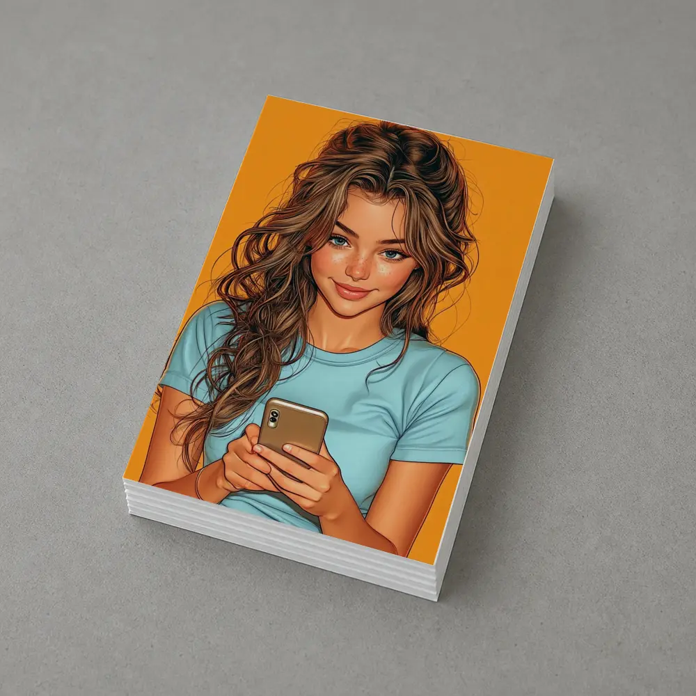 Smiling Girl With Phone Orange Background – Postcards