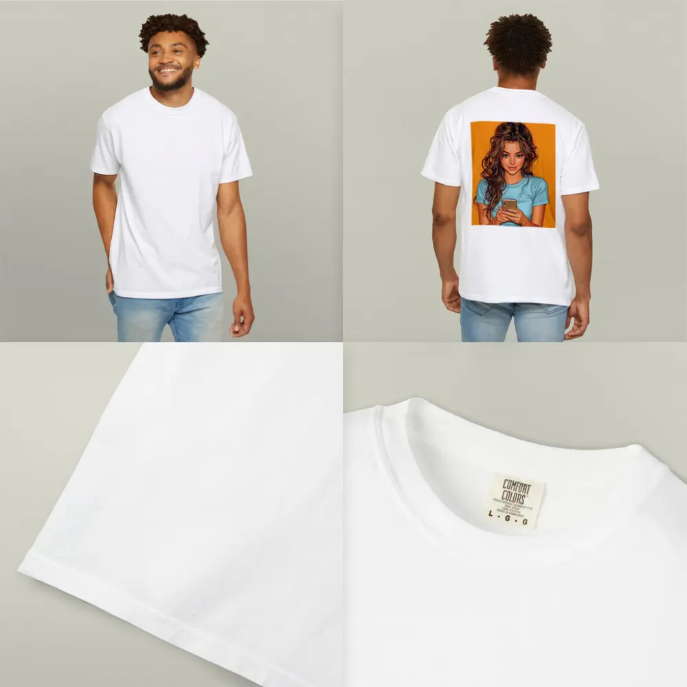 Smiling Girl With Phone Orange Background – T-Shirts