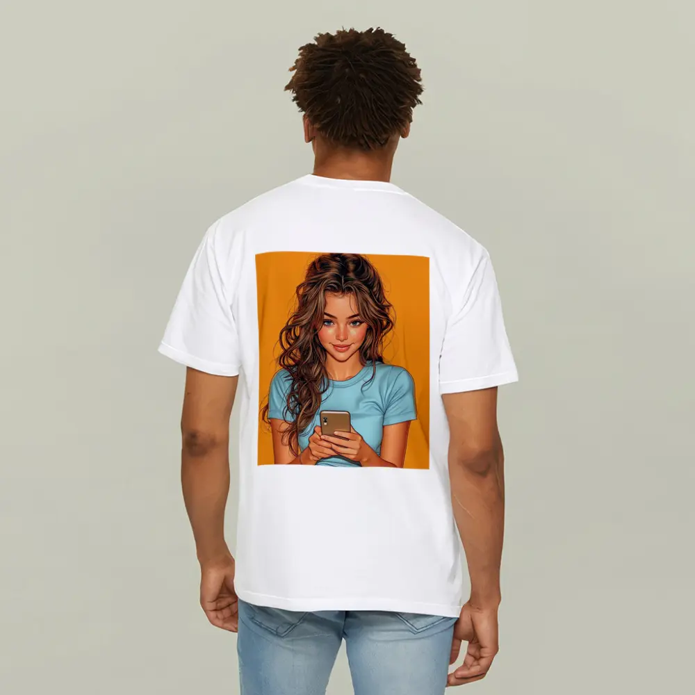 Smiling Girl With Phone Orange Background – T-Shirts