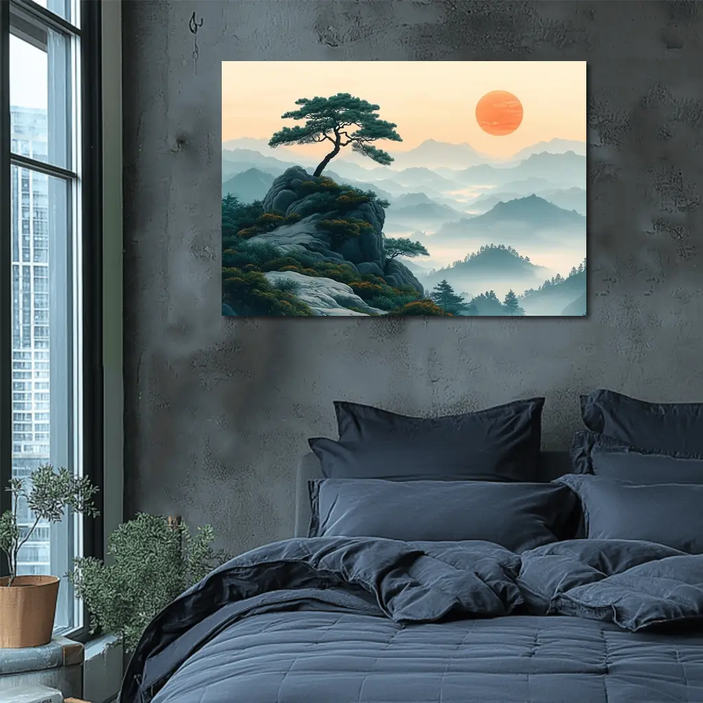 Japanese Pine Tree Mountain Sunrise Landscape – Wall Art