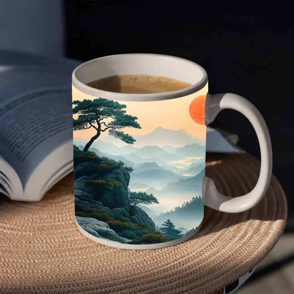 Japanese Pine Tree Mountain Sunrise Landscape – Mugs