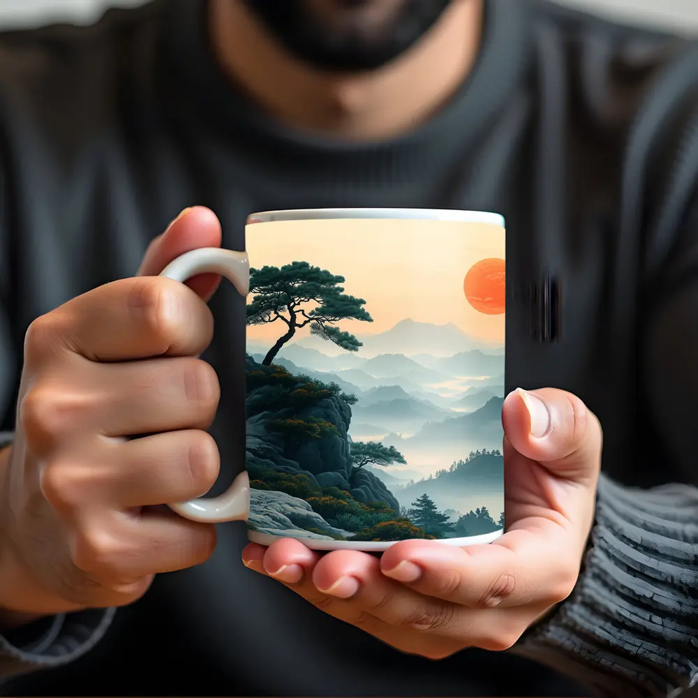 Japanese Pine Tree Mountain Sunrise Landscape – Mugs