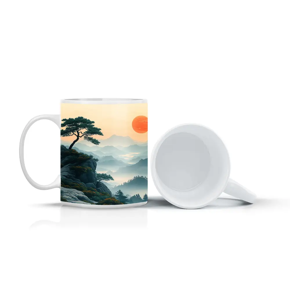 Japanese Pine Tree Mountain Sunrise Landscape – Mugs