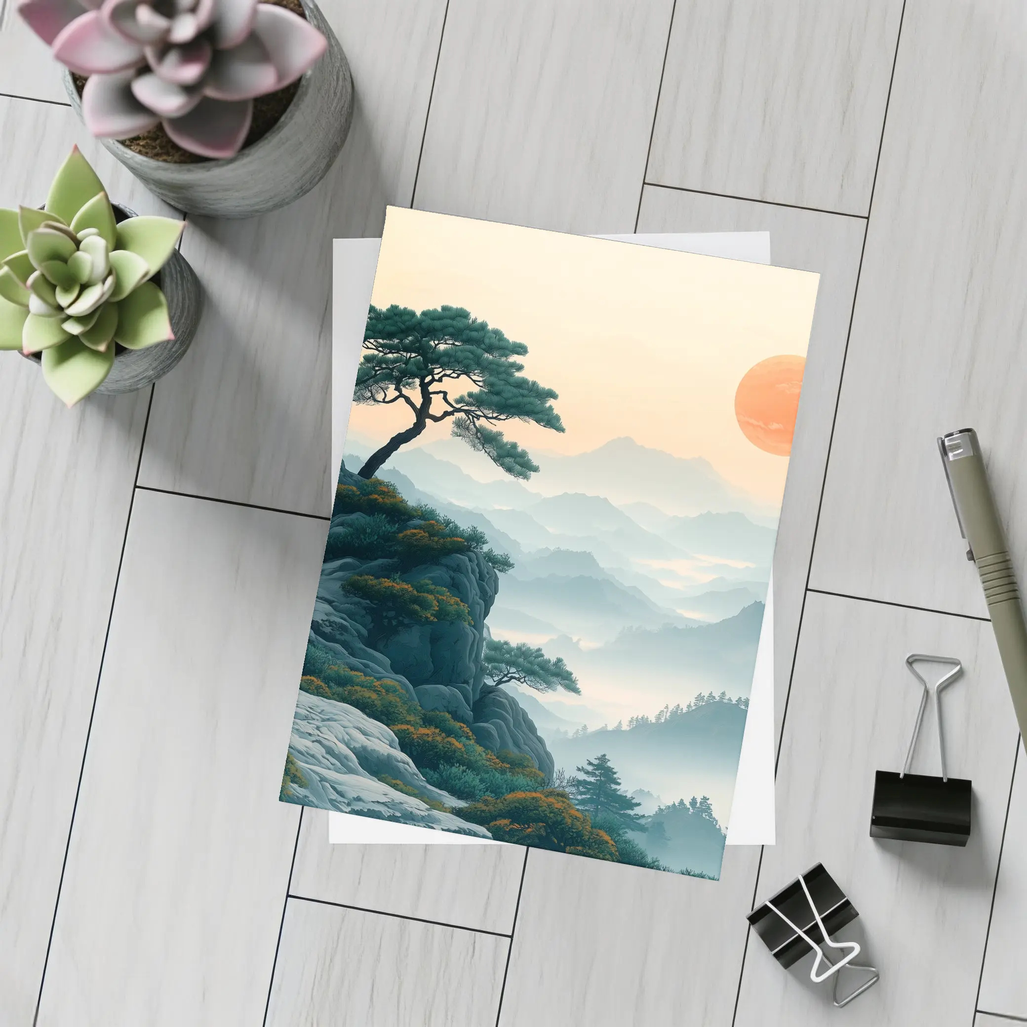 Japanese Pine Tree Mountain Sunrise Landscape – Postcards