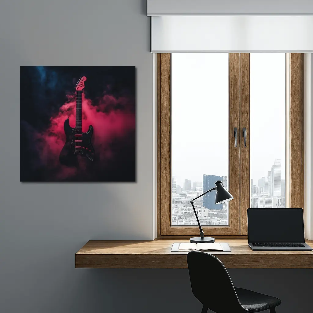 Black Electric Guitar Red Smoke Background – Wall Art
