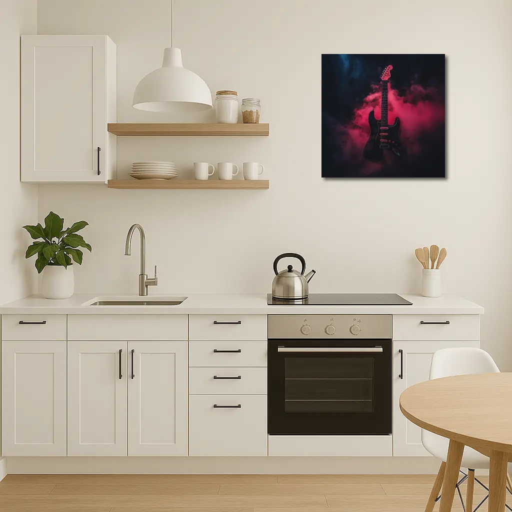 Black Electric Guitar Red Smoke Background – Wall Art