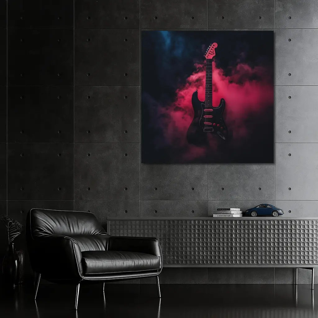 Black Electric Guitar Red Smoke Background – Wall Art