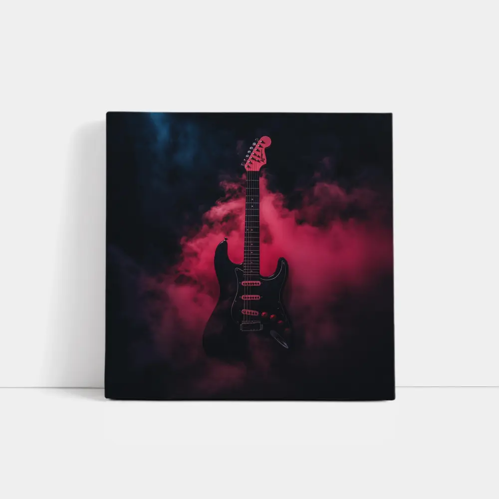 Black Electric Guitar Red Smoke Background – Wall Art