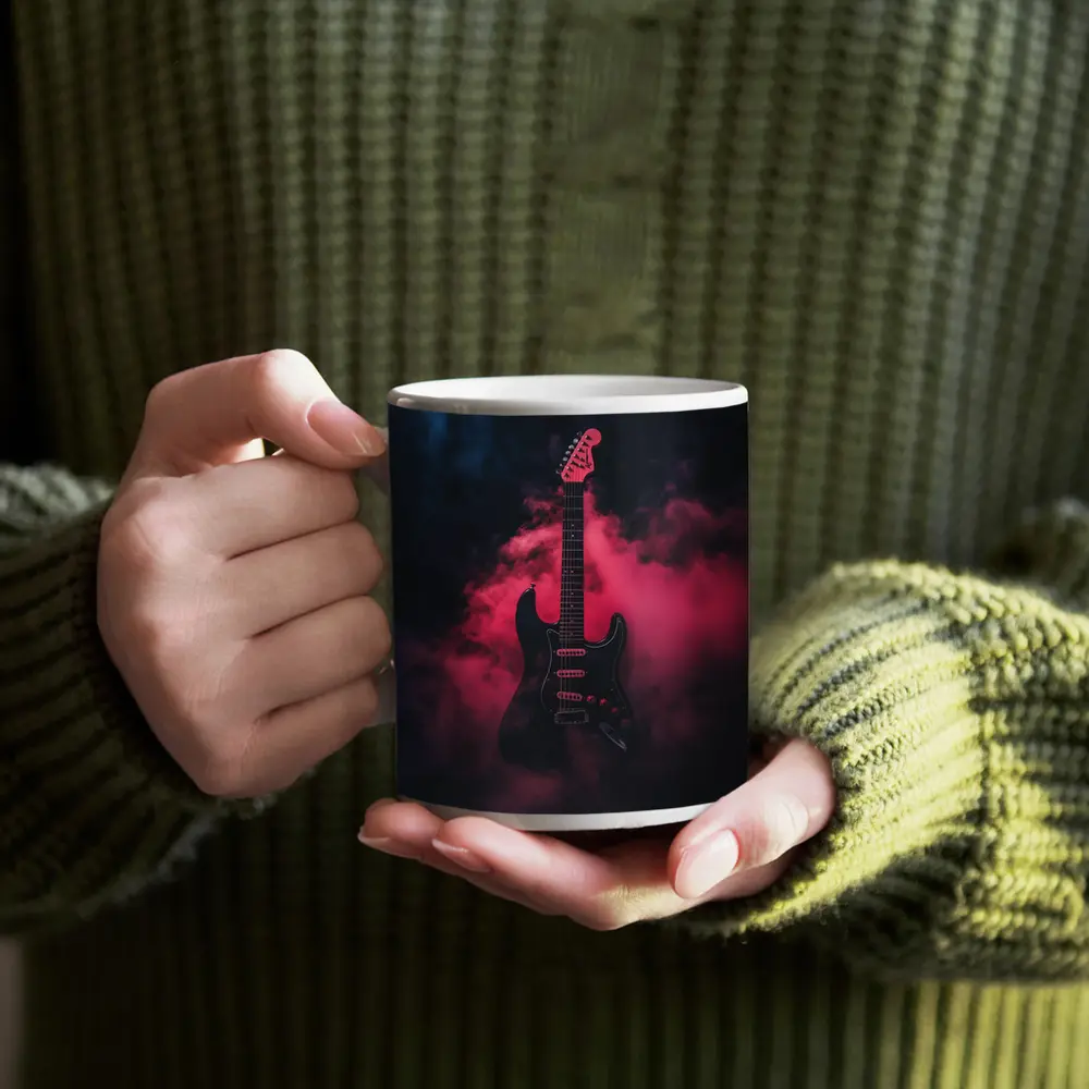 Black Electric Guitar Red Smoke Background – Mugs