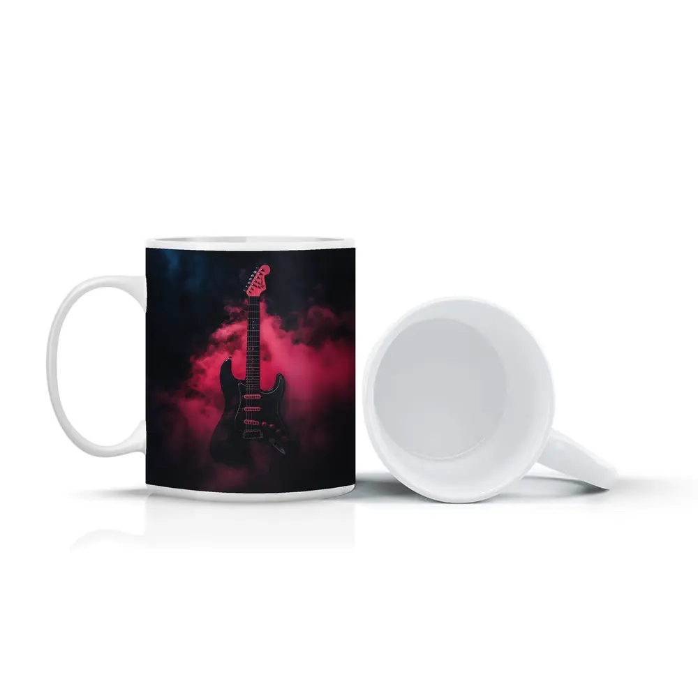 Black Electric Guitar Red Smoke Background – Mugs