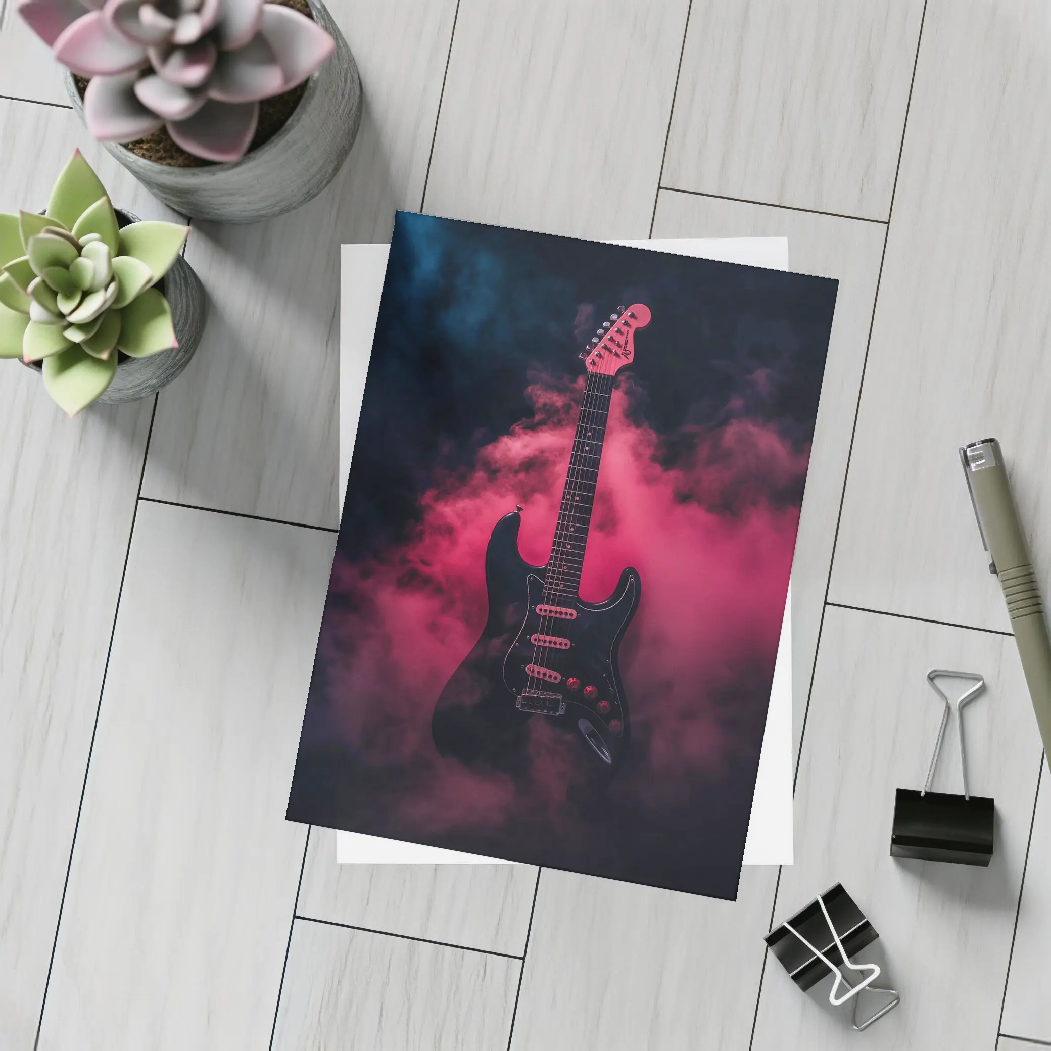 Black Electric Guitar Red Smoke Background – Postcards
