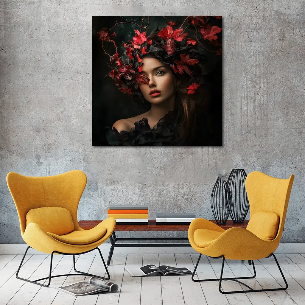 Dark Feminine Portrait Red Autumn Leaves Headdress – Wall Art